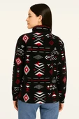 Kadın Yarım Fermuarlı Desenli Polar Sweat Tribal Etnik Desen Yakalı, Uzun Kollu, Oversize Rahat Kalıp - Siyah - 3