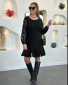 MDB Kadın Uzun Kollu Yuvarlak Yaka Kol Ve Etek Ucu Dantelli Kısa Ithal Krep Elbise thumbnail 1