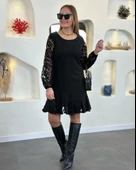 MDB Kadın Uzun Kollu Yuvarlak Yaka Kol Ve Etek Ucu Dantelli Kısa Ithal Krep Elbise thumbnail 2