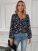MDB Kadın Uzun Kollu V Yakalı çiçek Desenli Modal Bluz thumbnail 5