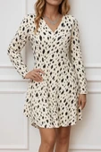 MDB Kadın Uzun Kollu V Yakalı Desenli Kısa Keten Elbise thumbnail 1