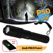 El Feneri P50  Şarjlı Pilli Led Işıldak Kamp Lambası Gece 800 metre Uzun Menzil Aydınlatma Beyaz Işık thumbnail 5