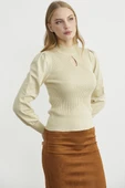 Dik Yaka Balon Kol Triko Kazak - Krem thumbnail 4