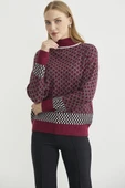 Yarım Balıkçı Renk Motifli Triko Kazak - Bordo thumbnail 4
