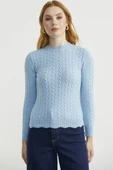 Dilimli Saç Örgülü Triko Kazak - Mavi thumbnail 3