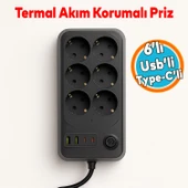 Akım Korumalı Topraklı Golyat Grup Şarj Fiş Priz 6 Prizli 4 USB Girişli 2 Metre Uzatma Kablosu - 1