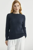 Saç Örgü Motifli Yuvarlak Yaka Triko Kazak - Lacivert thumbnail 4