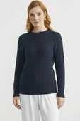 Saç Örgü Motifli Yuvarlak Yaka Triko Kazak - Lacivert thumbnail 1