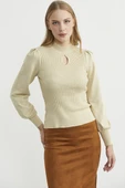 Dik Yaka Balon Kol Triko Kazak - Krem thumbnail 3
