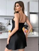 MDB MdbShop Siyah Dantel İşlemeli İnce Askılı Saten Mini Gecelik thumbnail 2