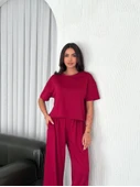 Osy Modal Yumuşak Dokulu Kumaş Bisiklet Yaka T-shirt Bol Paça Pantalon Ikili Takım -Bordo thumbnail 3