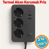 Çocuk Akım Korumalı Topraklı Golyat Grup Şarj Fiş Priz 3 Prizli 3 USB Girişli 2 Metre Uzatma Kablosu thumbnail 1