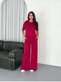 Osy Modal Yumuşak Dokulu Kumaş Bisiklet Yaka T-shirt Bol Paça Pantalon Ikili Takım -Bordo thumbnail 4