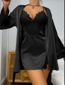 MDB MdbShop Dantel İşlemeli İnce Askılı Siyah 2li Saten Gecelik Sabahlık Takımı thumbnail 1