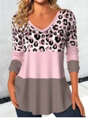 Kadın Uzun Kollu V Yakalı Leopar Baskılı şardonlu Dalgıç Bluz thumbnail 1