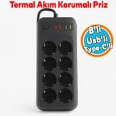 Akım Korumalı Topraklı Golyat Grup Şarj Fiş Priz 8 Prizli 4 USB Girişli 2 Metre Uzatma Kablosu thumbnail 1