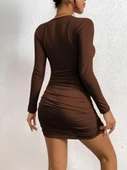 Lucky Life Kadın Uzun Kollu çapraz Dekolte Detaylı Mini Sandy Elbise thumbnail 6