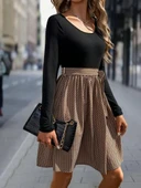 Kadın Uzun Kollu Yuvarlak Yaka üst Viskon Alt Süprem Midi Elbise - 2