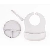 Gri 3’lü Silikon Yemek Seti – Önlük + Diş Kaşıyıcılı Kaşık + Vakumlu Tabak thumbnail 1