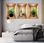 3D Çiçek Vazo Duvar Sticker 3 lü Set Kahverengi Fon thumbnail 1