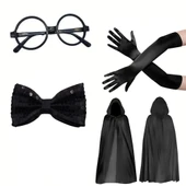 Siyah Kapüşonlu Büyücü ve Cadı Pelerin Kostüm Seti (4 Parça) thumbnail 1