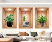 3D Çiçek Vazo Duvar Sticker 3 lü Set Kahverengi Fon thumbnail 2