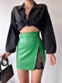 Dantelli fermuarlı deri etek yeşil w24598 thumbnail 4