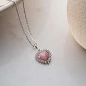 925 Ayar Gümüş Taşlı Bombeli Kedi Pembe Gözü Kalp Kolye thumbnail 5