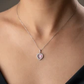 925 Ayar Gümüş Taşlı Bombeli Kedi Pembe Gözü Kalp Kolye thumbnail 4