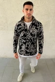 Erkek Yarım Fermuarlı Desenli Polar Sweat Yakalı, Uzun Kollu, Oversize Rahat Kalıp - Siyah - 1