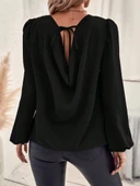 Kadın Uzun Kollu Yuvarlak Yaka Arkadan Bağcıklı Salaş Ithal Krep Bluz - 4