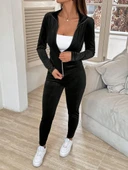 Kadın Uzun Kollu önden Fermuarlı Kadife Bluz Ve Pantolon Ikili Takım - 4