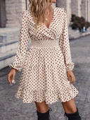 Kadın Uzun Kollu Kruvaze Yaka Desenli Mini Modal Elbise - 4