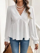 Kadın Uzun Kollu V Dantel Yaka Aerobin Bluz - 3