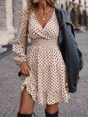 Kadın Uzun Kollu Kruvaze Yaka Desenli Mini Modal Elbise - 2