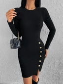 Kadın Siyah Uzun Kollu Bisiklet Yaka Yan Yırtmaç Düğme Detay Kısa Kaşkorse Elbise - 3
