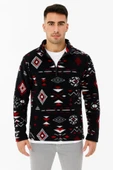 Erkek Yarım Fermuarlı Desenli Polar Sweat Tribal Etnik Desen Yakalı, Uzun Kollu, Oversize Rahat Kalıp, - Siyah - 1