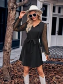 Kadın Uzun Kollu Yakadan Bağcıklı Belden Kuşaklı Ithal Krep Elbise - 2