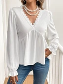 Kadın Uzun Kollu V Dantel Yaka Aerobin Bluz - 2