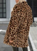 Kadın Uzun Kollu Yakalı Cepli Kısa Peluş Leopar Kaban - 3