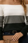 Kadın Uzun Kollu Omuzlardan Açık Uzun Kollu Blok çizgili Triko Bluz - 2