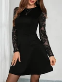 Kadın Uzun Kollu Bisiklet Yaka Kolları Tül Detaylı Mini Ithal Krep Elbise - 2