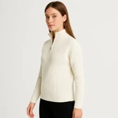 KADIN Yarım Fermuarlı Triko Kazak – Selanik Örgü, Dik Yaka, Pamuklu Dokuma, Oversize Uzun Kollu Kışlık Model - Beyaz - 1