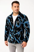 Erkek Tam Fermuarlı Desenli Polar Sweat Lightning Desen Yakalı, Uzun Kollu, Oversize Rahat Kalıp - Siyah - 1