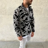 Erkek Yarım Fermuarlı Desenli Polar Sweat Yakalı, Uzun Kollu, Oversize Rahat Kalıp - Siyah - 3