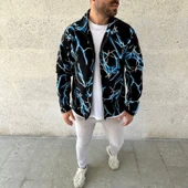 Erkek Tam Fermuarlı Desenli Polar Sweat Lightning Desen Yakalı, Uzun Kollu, Oversize Rahat Kalıp - Siyah - 2