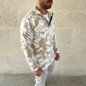 Erkek Yarım Fermuarlı Desenli Polar Sweat Yakalı, Uzun Kollu, Oversize Rahat Kalıp - Bej - 4