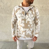 Erkek Yarım Fermuarlı Desenli Polar Sweat Yakalı, Uzun Kollu, Oversize Rahat Kalıp - Bej - 3