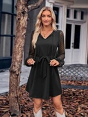 Kadın Uzun Kollu Yakadan Bağcıklı Belden Kuşaklı Ithal Krep Elbise - 1