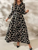 Kadın Uzun Kollu Yakalı önü Düğmeli Desenli Belden Kuşaklı Uzun Süprem Elbise - 4